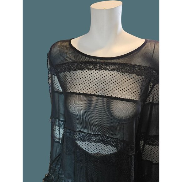 2/$35 POL Black Sheer Lace Witchy Goth Whymsical Bell Sleeve Oversized Blouse S - Picture 6 of 9